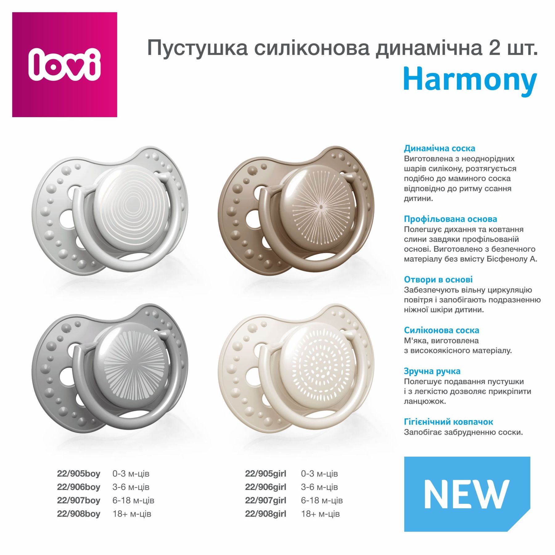 LOVI Пустушка силіконова динамічна 0-3 м-ців 2 шт. Harmony Boy