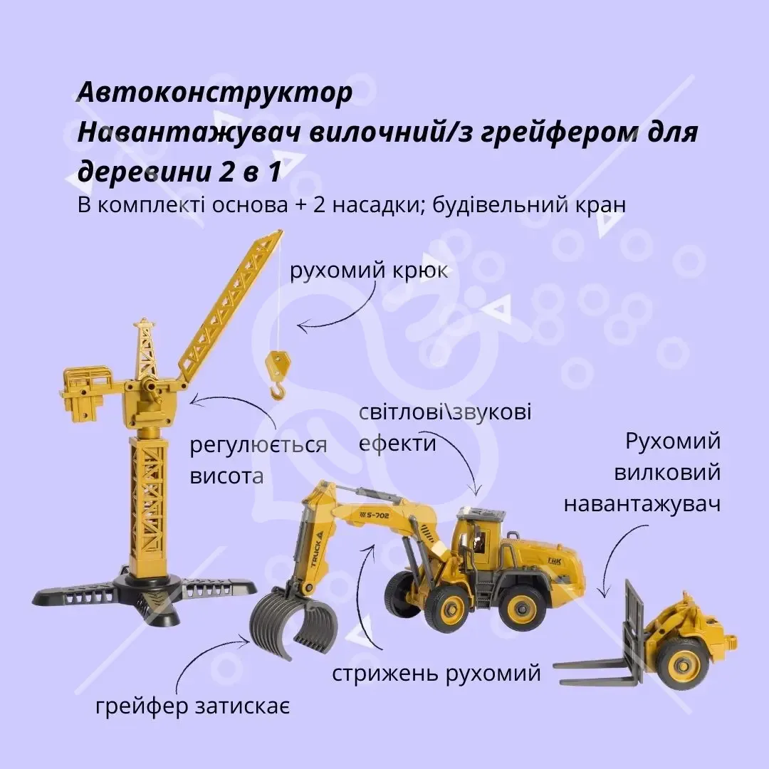 Машинка-конструктор OTAMANKO АВТОКОНСТРУКТОР Навантажувач вилочний/з грейфером для деревини 2 в 1
