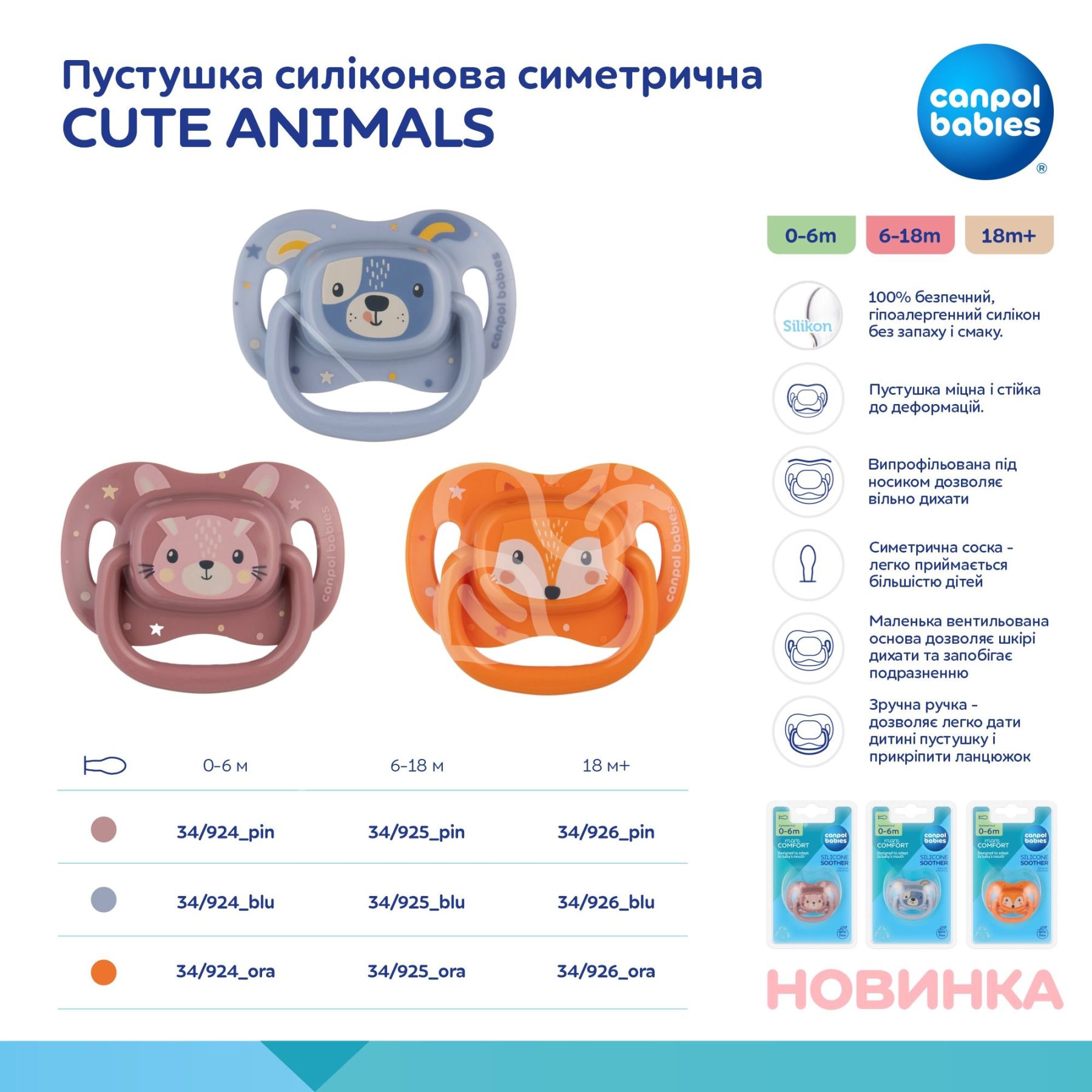Canpol babies Пустушка силіконова симетрична 6-18 міс CUTE ANIMALS - оранжевий
