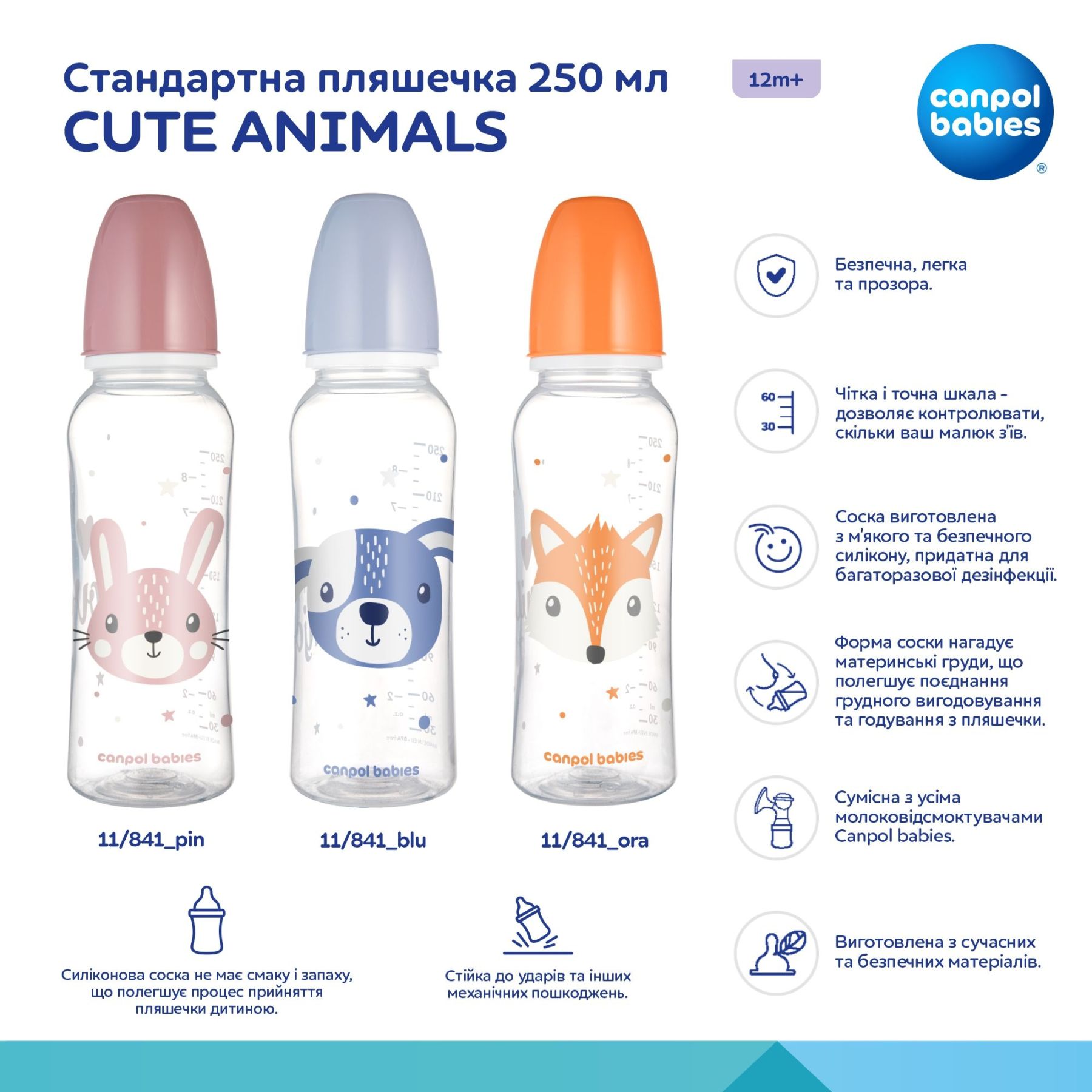 Стандартна пляшечка 250 мл CUTE ANIMALS - рожева