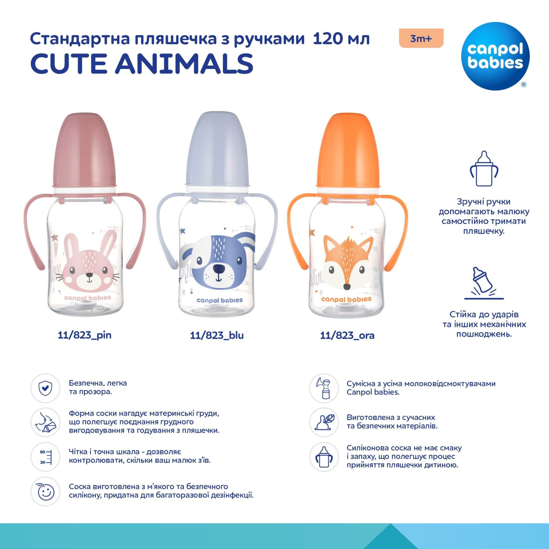 Стандартна пляшечка з ручками 120 мл CUTE ANIMALS - помаранчева
