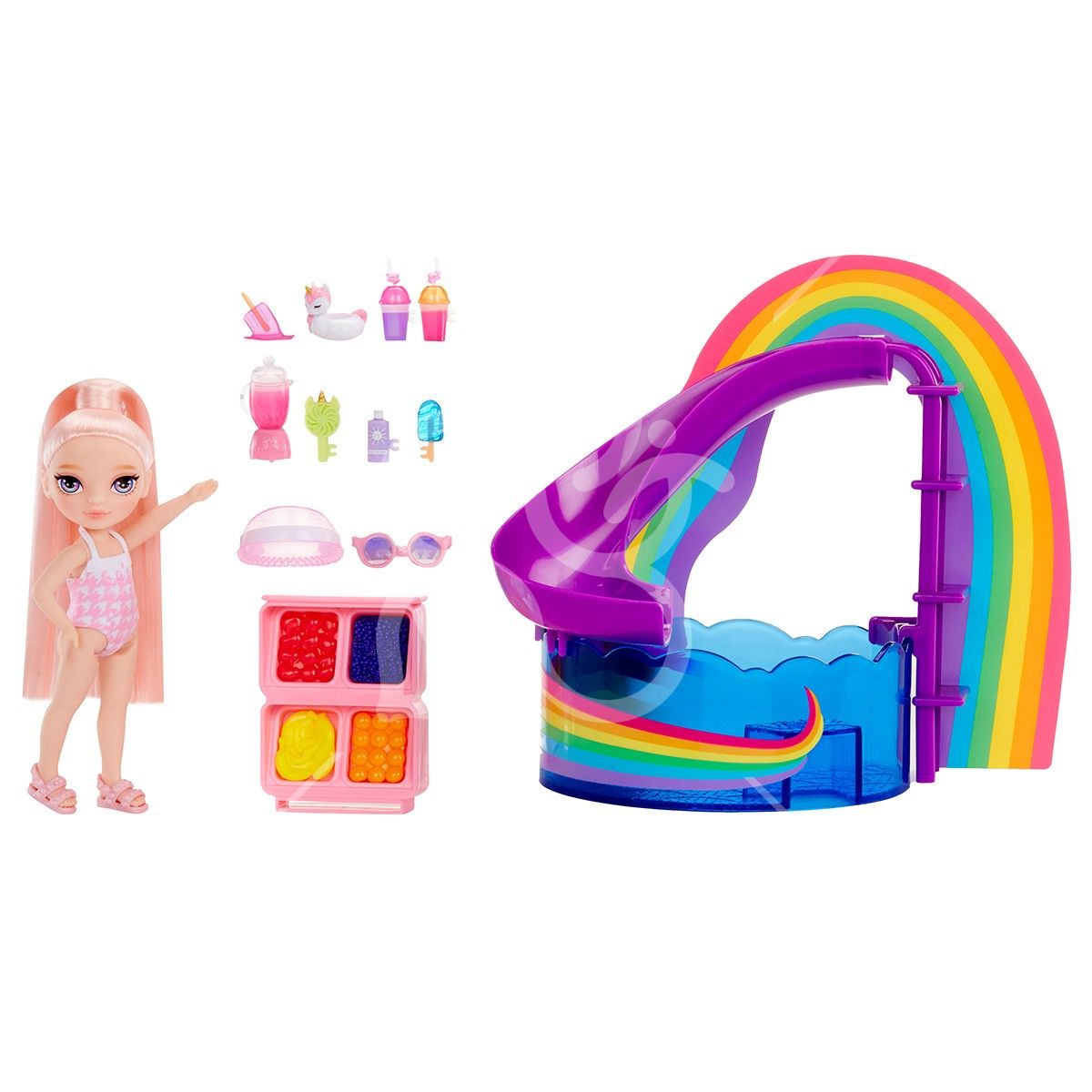 Ігровий набір з лялькою RAINBOW HIGH серії "Littles" – ВЕСЕЛКОВЕ СВЯТО В БАСЕЙНІ (з аксес.)