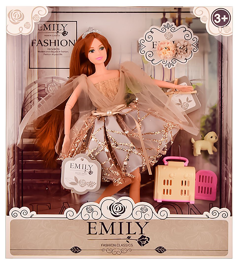 Лялька Emily шатенка у коричневій сукні з собачкою (QJ090C)