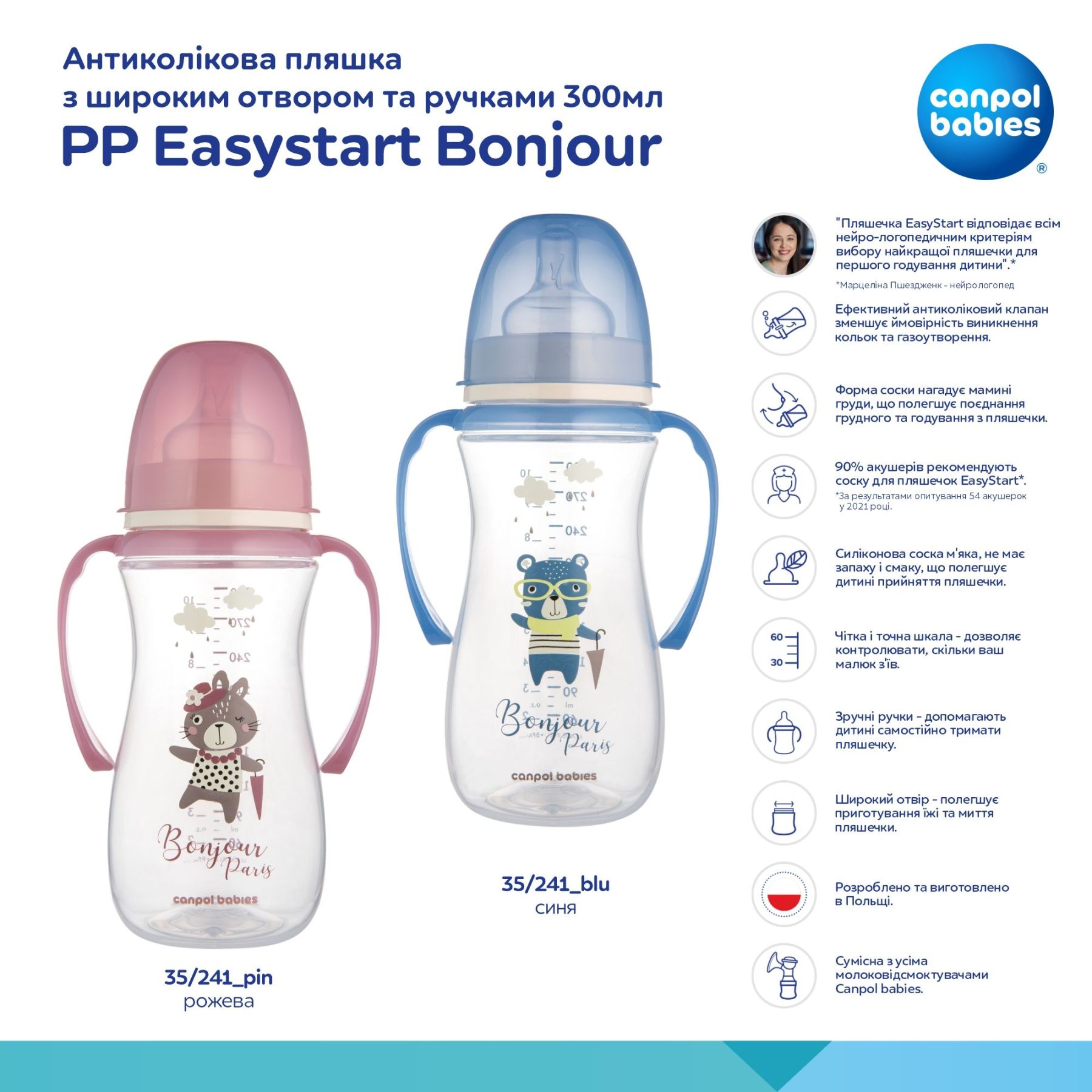 Cb Пляшка антиколікова з широким отвором та ручками 300мл PPEasystart BonjourParis рожева
