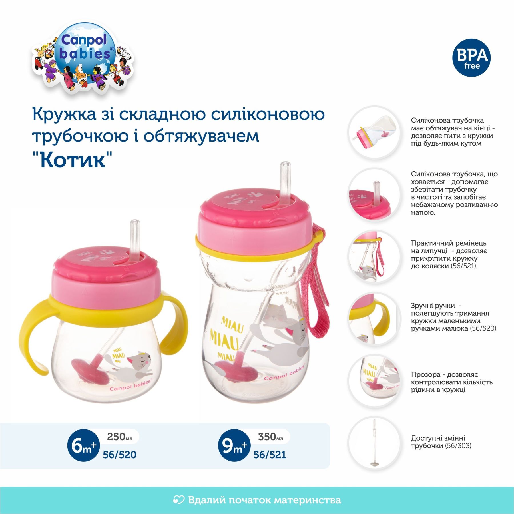 Canpol babies Кружка зі складною силіконовою трубочкою і обтяжувачем 350 мл Котик