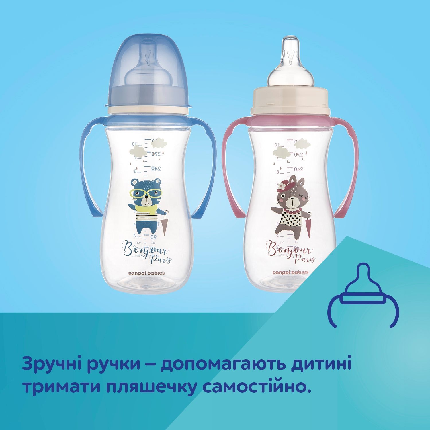 Cb Пляшка антиколікова з широким отвором та ручками 300мл PPEasystart BonjourParis рожева