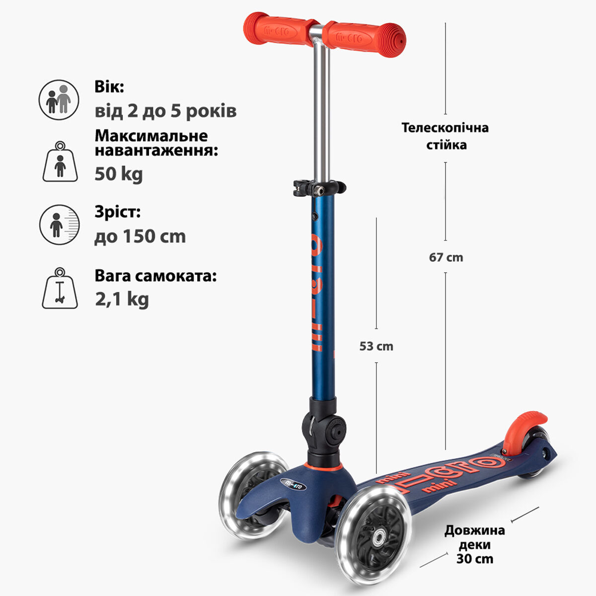 Самокат MICRO серії "Mini Deluxe Foldable LED" – СИНІЙ (складаний, до 50 кг (kg), триколісний, світло)