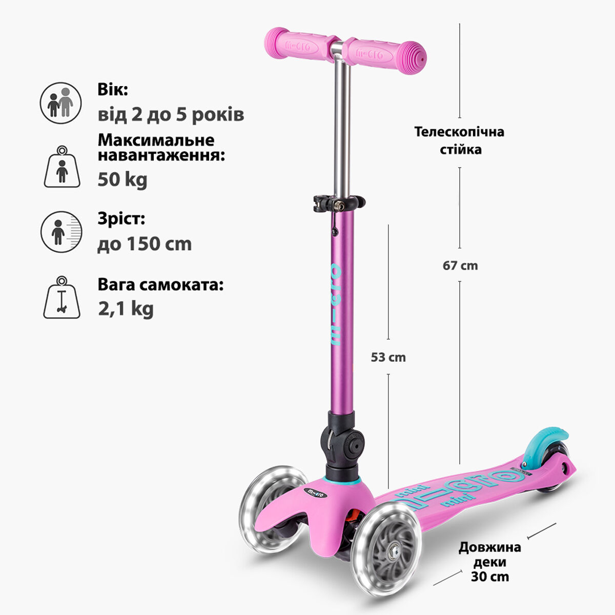 Самокат MICRO серії "Mini Deluxe Foldable LED" – ЛАВАНДОВИЙ (складаний, до 50 кг (kg), триколісний, світло)